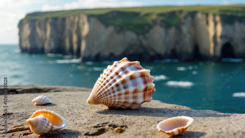 Poster seashell on a cliff with ocean view and blank space for text showcasing coastal beauty and natural e