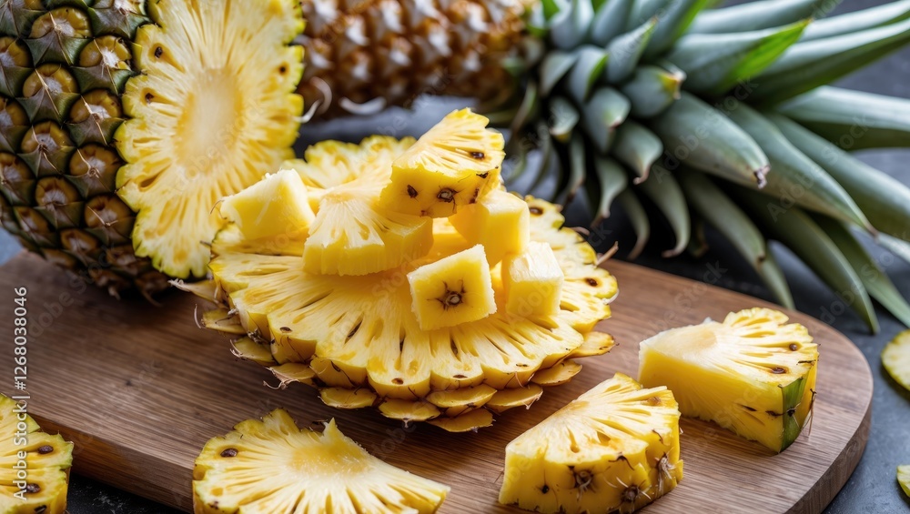 Poster freshly cut pineapple slices on wooden board with empty space for snack menu or recipe text in close