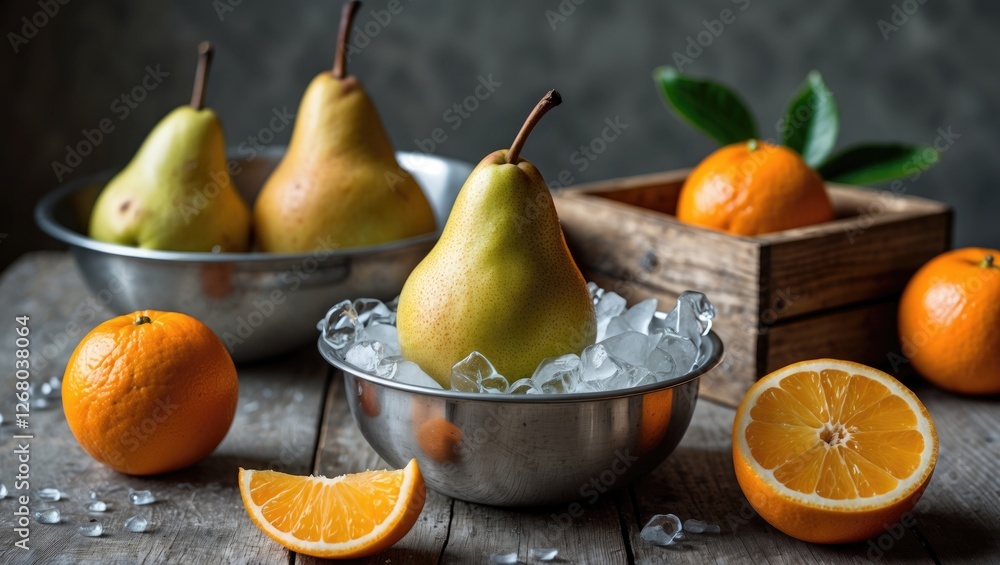 Poster fresh pears and oranges in rustic setting with ice cubes highlights healthy eating and refreshing dr