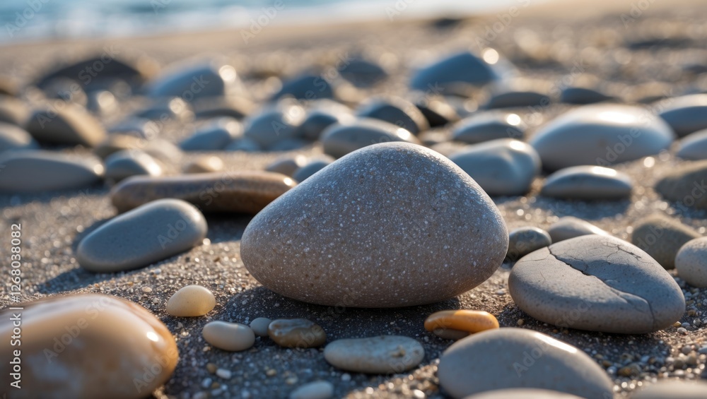 Poster smooth pebbles scattered on sandy beach with gentle ocean waves in the background, creating a serene