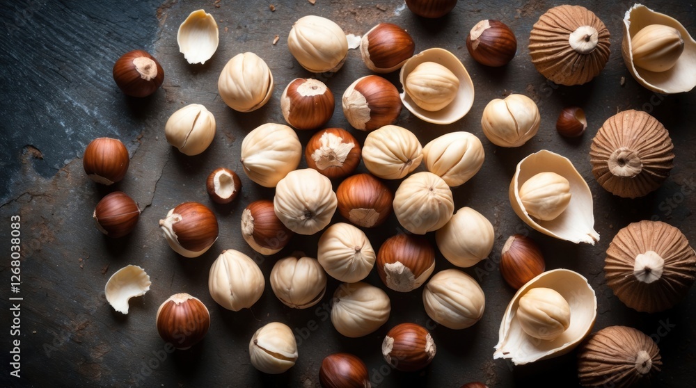 Poster peeled and unpeeled hazelnuts scattered on a rustic surface displaying their natural textures and co
