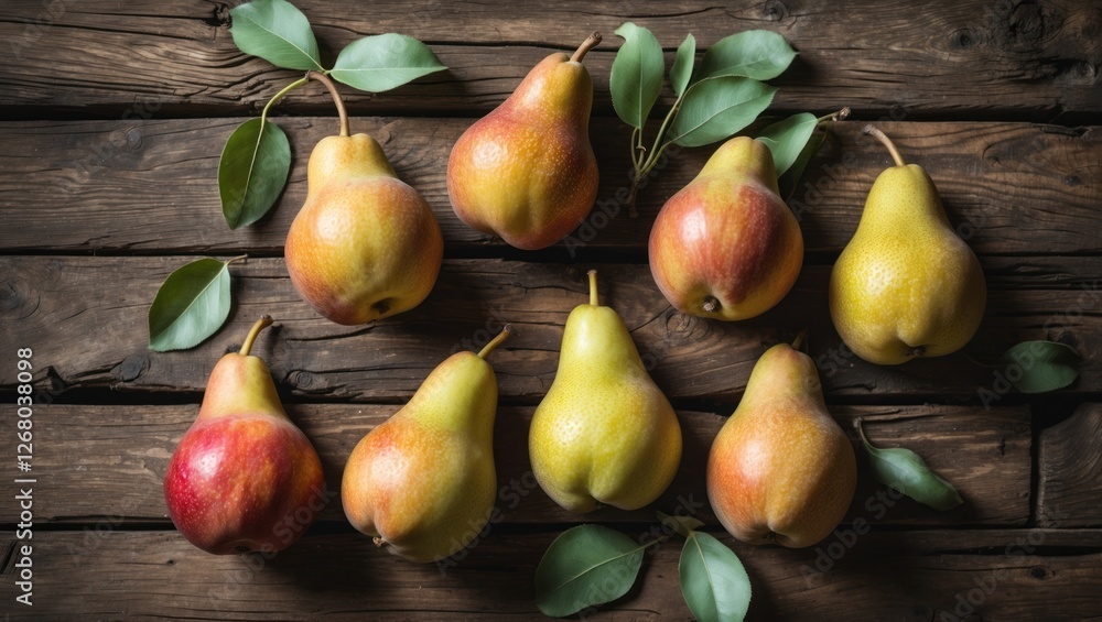 Poster fresh ripe pears with green leaves arranged on a rustic wooden table background in a horizontal form