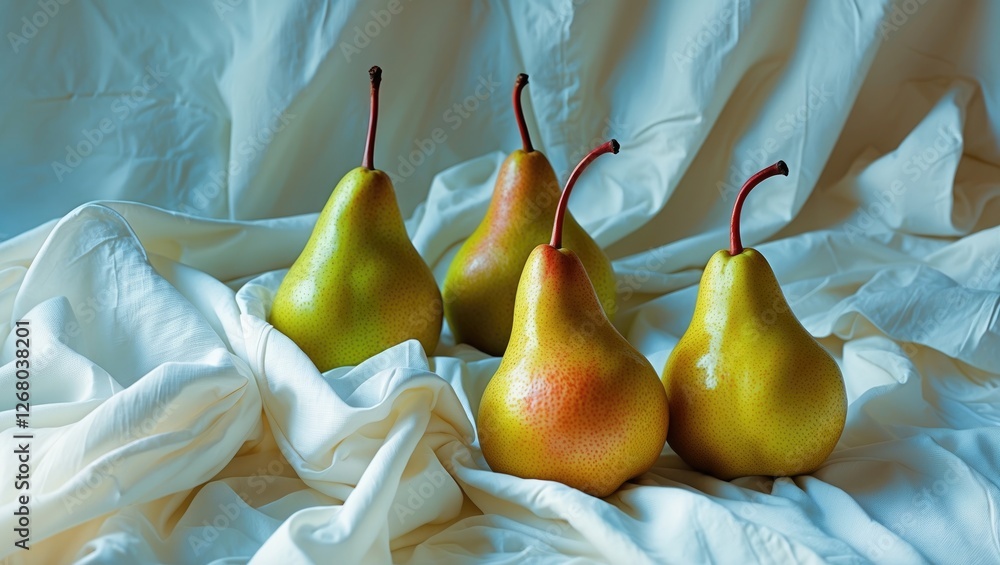 Poster fresh pears arranged aesthetically on soft white fabric creating a serene and refreshing still life 