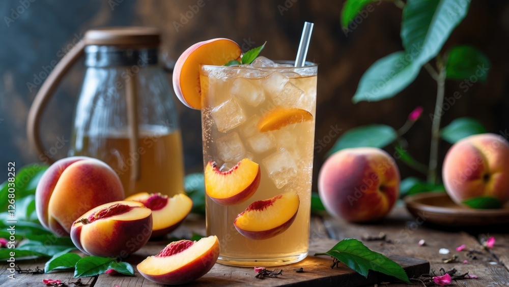 Poster refreshing peach tea beverage served with fresh peaches and ice in a rustic setting perfect for summ