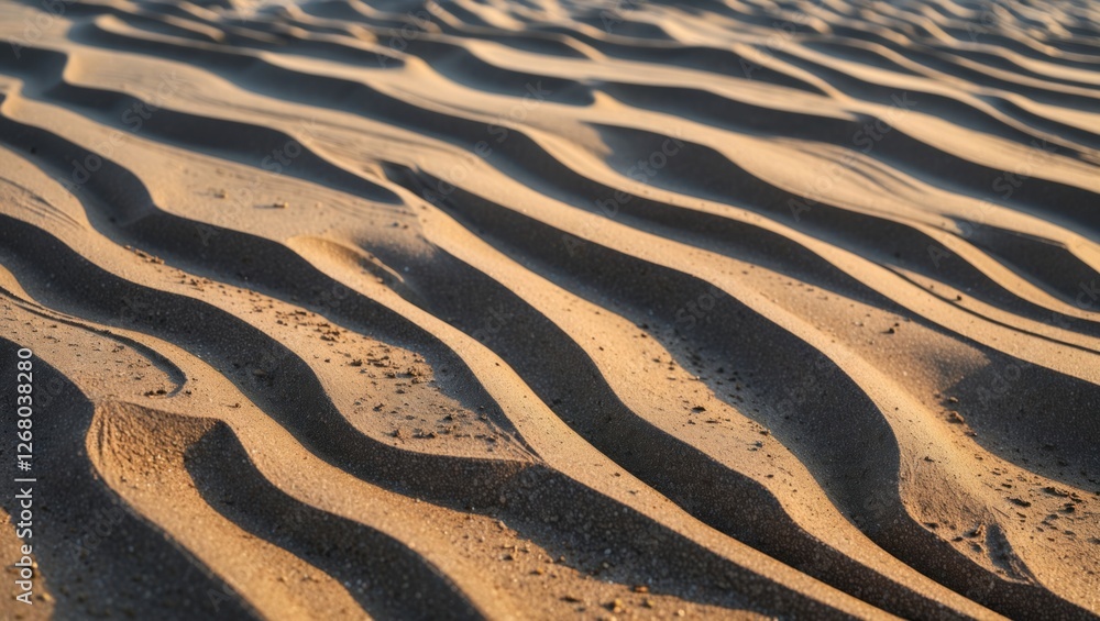 Poster wavy patterns and textures of sandy beach landscape illuminated by sunlight creating a serene and na