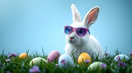 a vibrant and playful photograph featuring a white rabbit with upright ears, wearing purple-tinted sunglasses