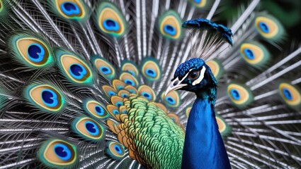 Vibrant and majestic peacock displaying its stunning feathered plume in rich colors showcasing nature's beauty and elegance.