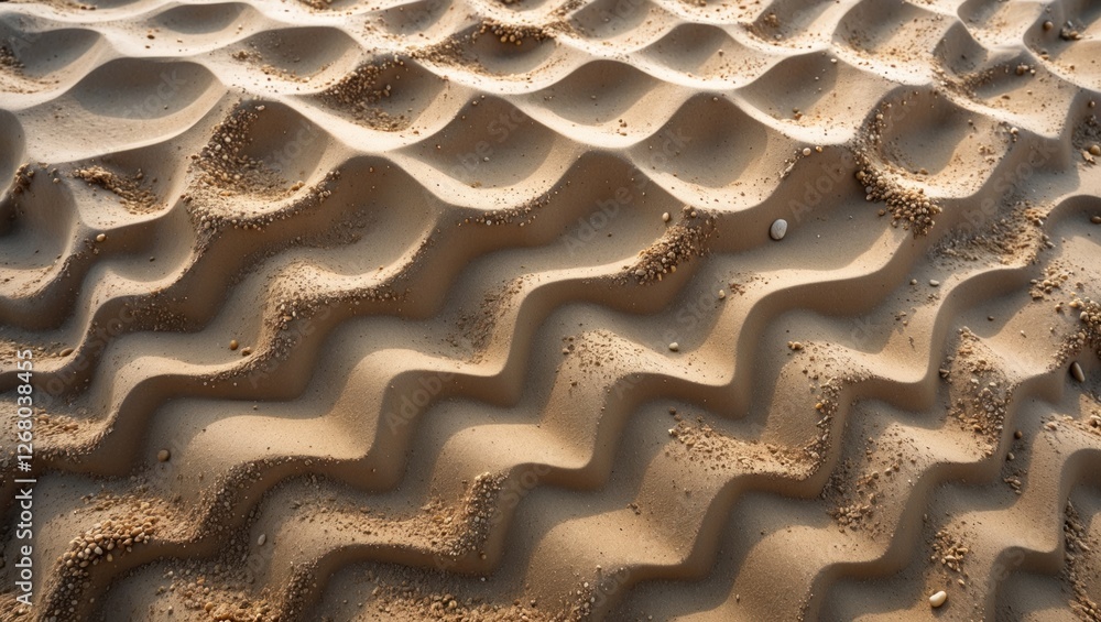 Poster textured sand patterns on beach creating waves and ripples with small shells and highlights in natur