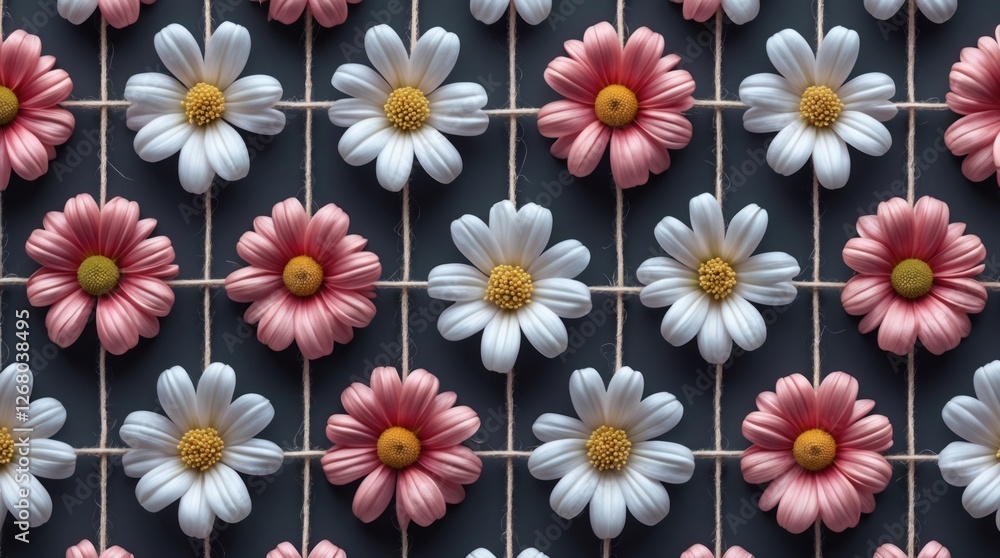 Poster floral pattern with pink and white daisies arranged on a dark background complemented by string for 
