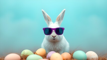 a vibrant and playful photograph featuring a white rabbit with upright ears, wearing purple-tinted sunglasses
