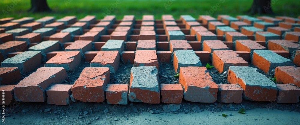 Poster textured pattern of brick pavement with green grass background and empty space for custom text or de