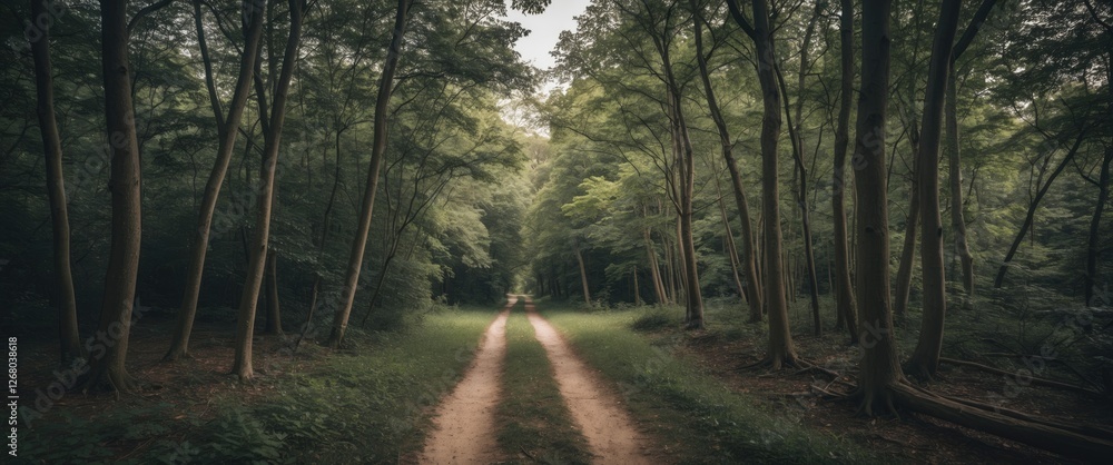 Poster serene forest pathway surrounded by lush green trees with ample space for text overlay in a peaceful
