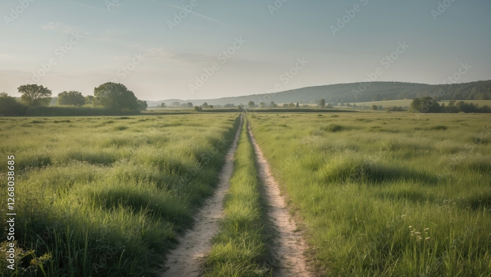 Poster lush meadow pathway with nostalgic vibes and clear space for text overlays in a serene natural lands