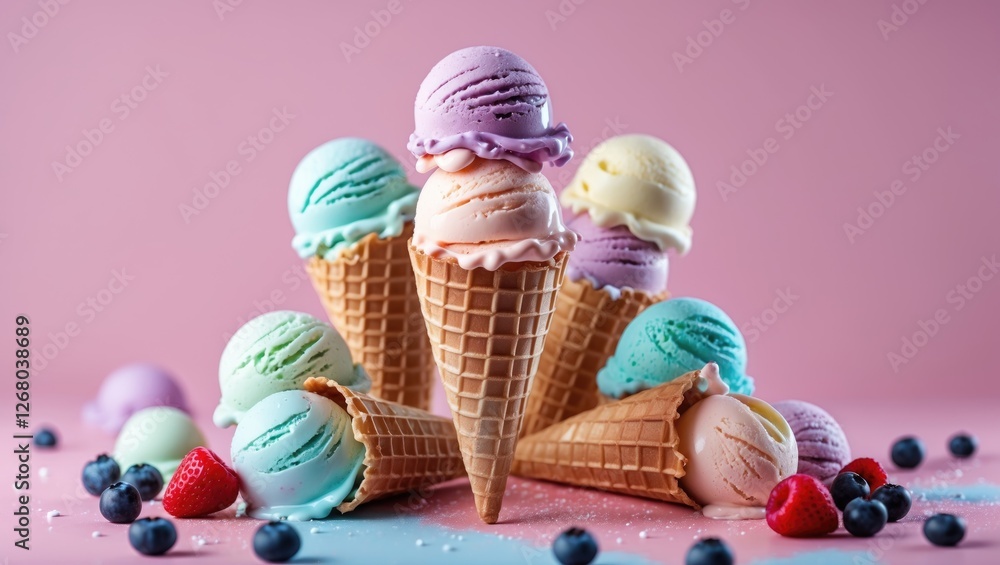 Poster pastel ice cream cones displayed on colorful background with space for text or branding