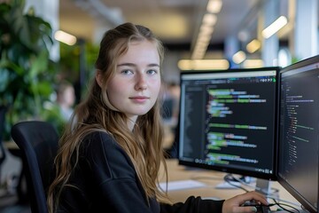 Young Caucasian woman programming on desktop computer with two monitors setup in spacious office. Female software developer creating SaaS platform for businesses