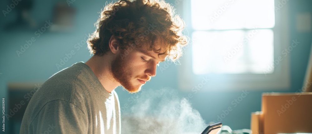 Aufkleber man using a tablet by the window