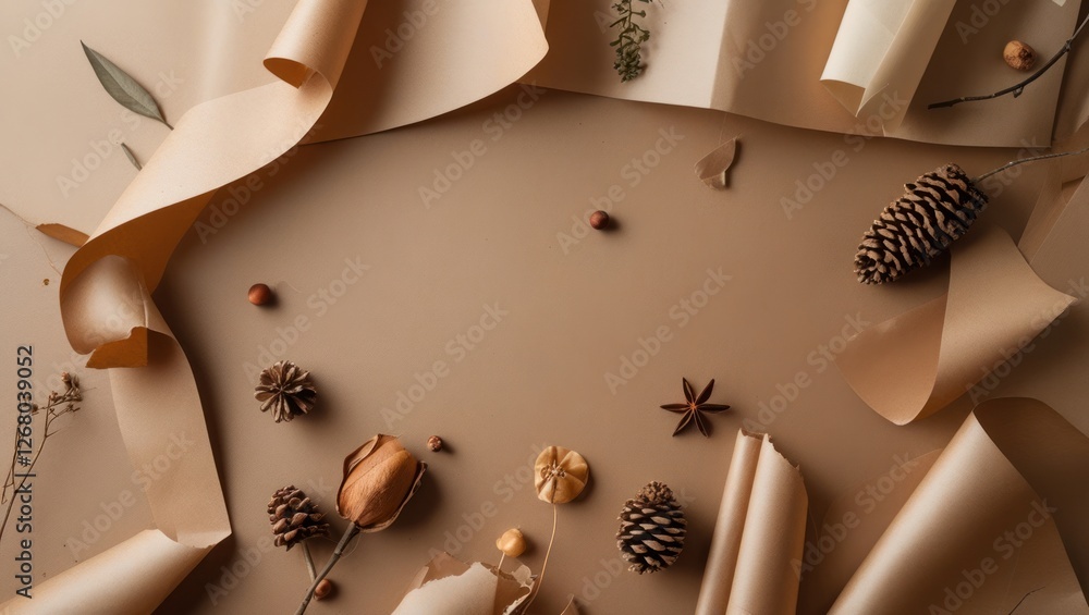 Aufkleber natural paper texture background with decorative elements like pine cones and dried leaves for artis