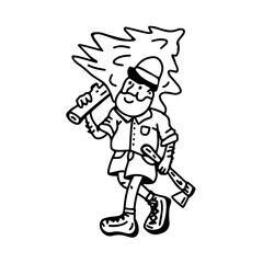 Black and white vector drawing of a bearded lumberjack with an axe and a tree on his shoulder, confidently walking forward