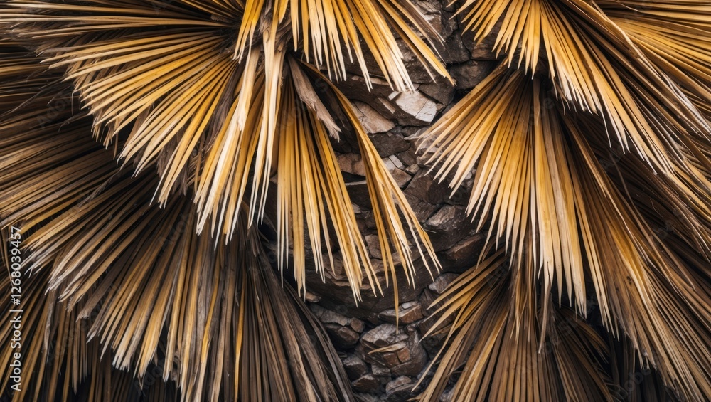 Poster textured close-up of palm tree bark with golden fronds showcasing natural fibers and intricate patte