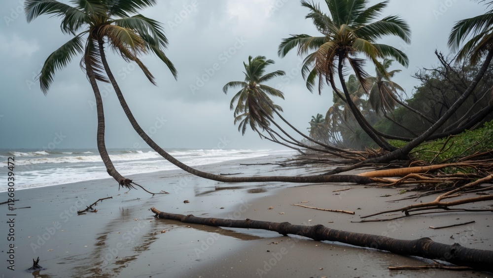 Poster storm-damaged palm trees on beach with overcast sky and open space for text or graphics