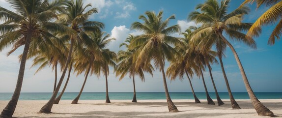 Obraz premium Tranquil Beach Scene with Leaning Palm Trees and Clear Sky Ideal for Tropical Vacation Themes and Customizable Text Space