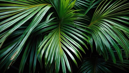 Lush green palm leaves creating a vibrant tropical texture background for nature and design themes
