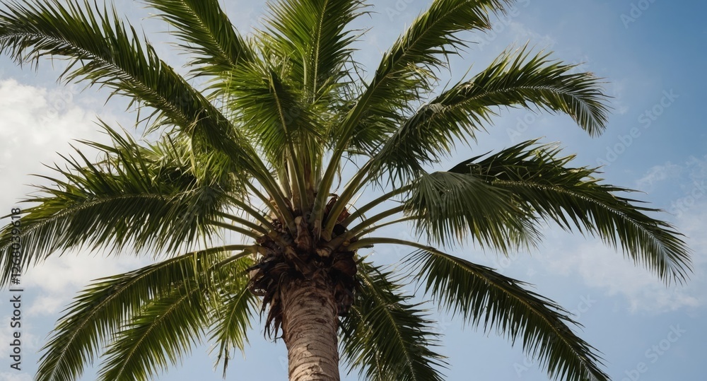 Poster lush green palm tree against a bright sky featuring tropical climate vibes and ample space for addin