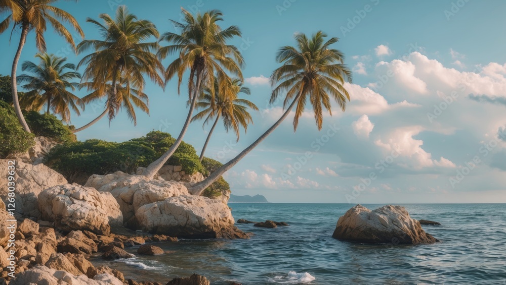 Poster coastal scene with palm trees and rocks under a clear sky featuring ample space for text overlay