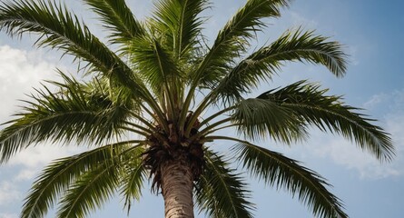 Obraz premium Lush green palm tree against a bright sky featuring tropical climate vibes and ample space for adding text or graphics.