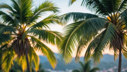 Tropical palm trees framing a beautiful sunset view with blurred background, ideal for nature travel and landscape design themes.