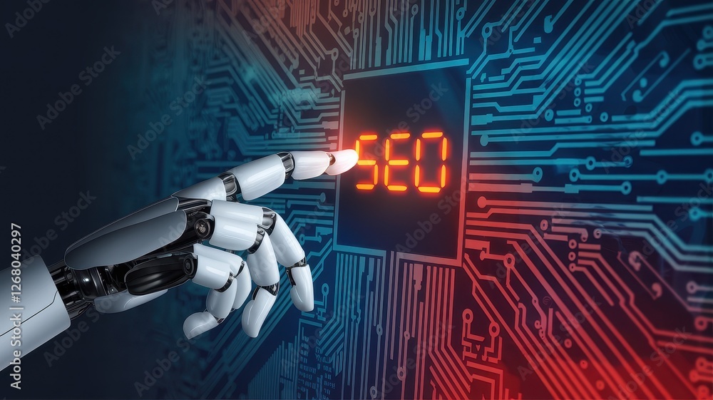 Poster robot hand presses seo button on a digital circuit board