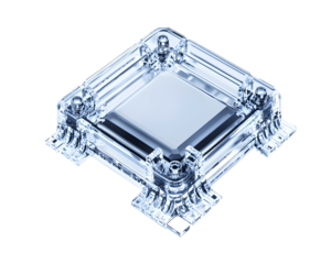 Crystal-clear integrated circuit (IC) chip image with transparent detailing.