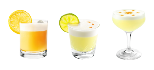 Amaretto sour, Pisco sour cocktail PNG set bundle, transparent isolated background. Mixology, bar menu cocktails, colorful refreshing drink with garnish