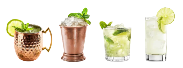 Selbstklebende Fototapeten Moscow Mule, Mint Julep, Caipirinha, Gin Rickey cocktail PNG set bundle, transparent isolated background. Mixology, bar menu cocktails, colorful vibrant refreshing drink with garnish © Ars Nova
