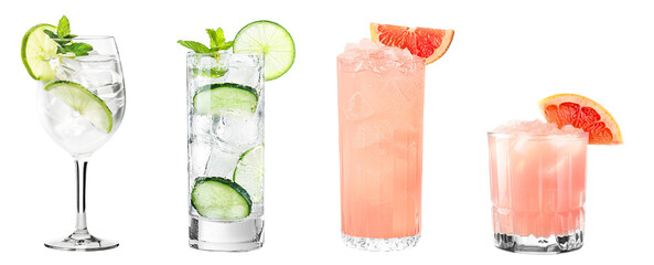 Gin and Tonic, Paloma cocktail PNG set bundle, transparent isolated background. Mixology, bar menu cocktails, colorful vibrant refreshing drink with garnish