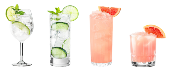 Gin and Tonic, Paloma cocktail PNG set bundle, transparent isolated background. Mixology, bar menu cocktails, colorful vibrant refreshing drink with garnish