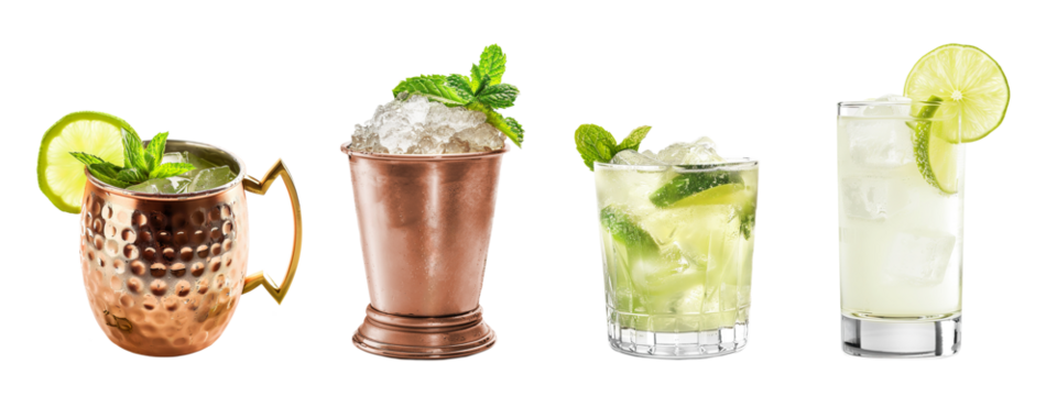 Moscow Mule, Mint Julep, Caipirinha, Gin Rickey cocktail PNG set bundle, transparent isolated background. Mixology, bar menu cocktails, colorful vibrant refreshing drink with garnish