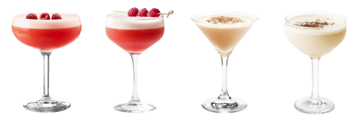 Clover Club, Brandy Alexander cocktail PNG set bundle, transparent isolated background. Pink, cream color, mixology, bar menu cocktails, colorful refreshing drink with garnish