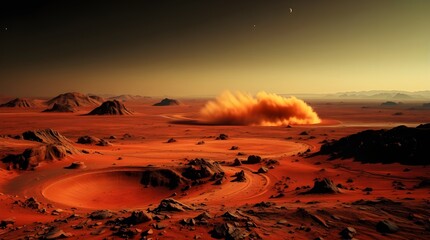Mars Landscape with Fiery Orange Sky and Dusty Terrain in Red Planet Atmosphere Martian Scenery Space Exploration