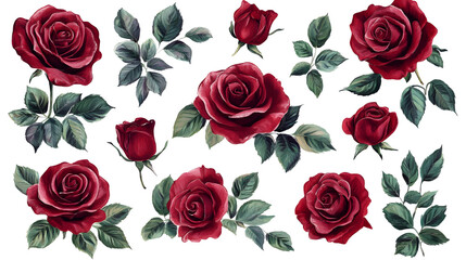 Deep red roses set with green leaves