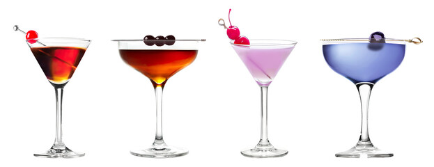 Manhattan, Aviation cocktail PNG set bundle, transparent isolated background. Mixology, bar menu cocktails, colorful vibrant refreshing drink with maraschino cherry garnish