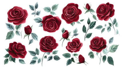 Deep red roses set with green leaves
