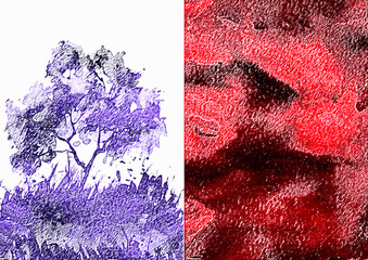 Watercolor tree. Autumn countryside landscape. Bush,  tree, aspen, linden, oak, poplar, wild grass, forest plant. Handmade drawing. Spring garden. Cherry tree, apple tree. Modern art