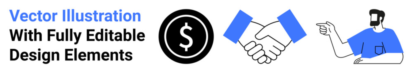 Blue handshake representing partnership, dollar sign icon for currency, and pointing figure symbolizing direction. Ideal for business, finance, teamwork, negotiation, trade, guidance flat landing