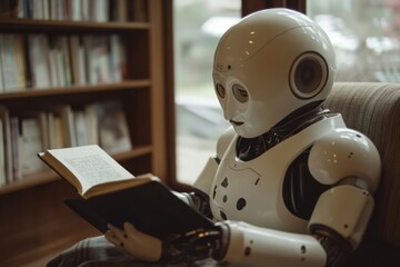 Fototapeta premium Humanoid robot reading a book in a cozy home library
