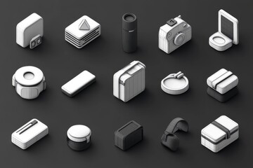 Monochrome 3D icons of various electronic devices arranged in a grid