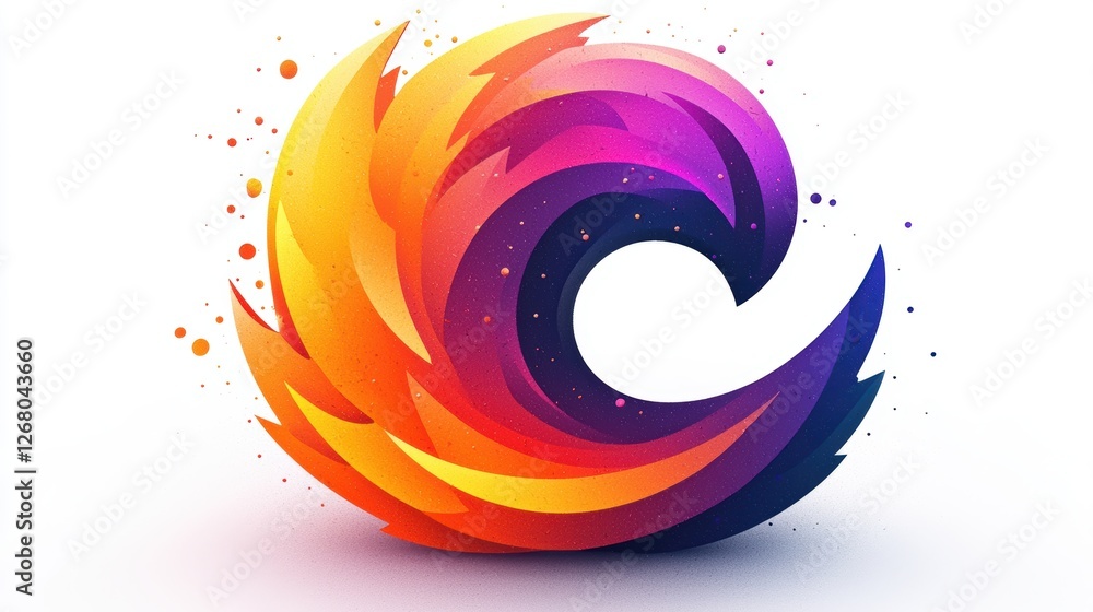 Poster a colorful, abstract swirl design resembling a flame or wave.