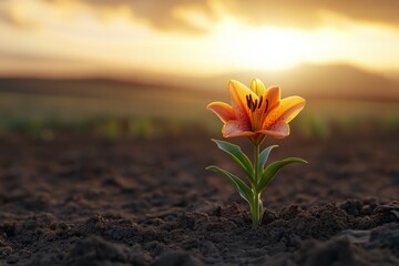 Obraz premium Single orange flower growing from soil in a sunlit field