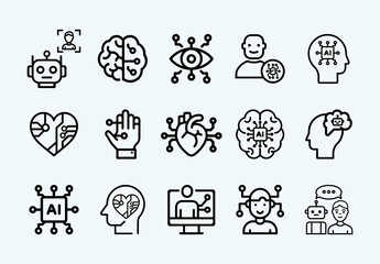 Black AI and Human Icons Line Art. Technology Icons Set