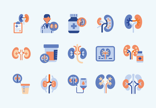 Blue and Orange Kidney Disease Icons Medical Design. Health Icons Medicine Set